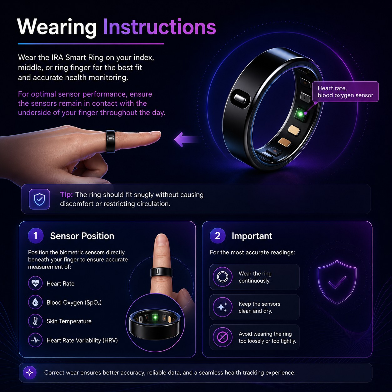 Wearing instructions: wear the ring on your index, middle or ring finger with the sensors against the underside of your finger